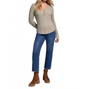 NEW TRIBAL brushed waffle knit henley long sleeve top in heathered oliveleaf